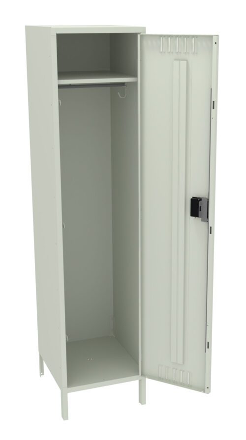 A tall, light gray metal locker stands with its door open, revealing a single hook inside. The locker has a minimalist design, with a simple handle and no visible embellishments.