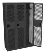 Three metal lockers with a diamond-patterned mesh design are shown. Two lockers are closed, while one locker on the right is open, revealing an empty interior with a hanging bar. The lockers are dark gray in color.