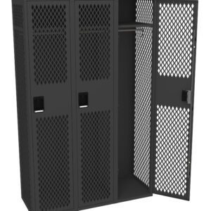 Three metal lockers with a diamond-patterned mesh design are shown. Two lockers are closed, while one locker on the right is open, revealing an empty interior with a hanging bar. The lockers are dark gray in color.