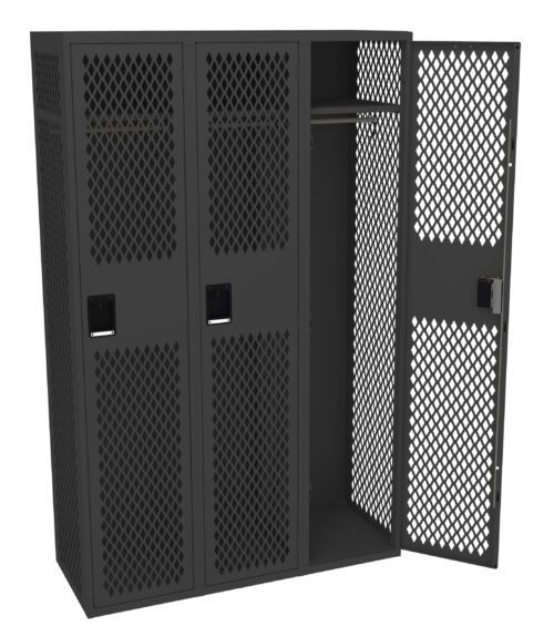 Three metal lockers with a diamond-patterned mesh design are shown. Two lockers are closed, while one locker on the right is open, revealing an empty interior with a hanging bar. The lockers are dark gray in color.