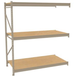 A metal shelving unit with three wood-paneled shelves. The structure has a beige metal frame with adjustable vertical supports and crossbars for stability, suitable for storage or organization. The shelves are uniformly spaced.