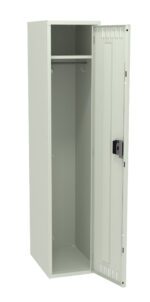 Open gray metal locker with a single door, revealing an empty interior with a top shelf and a hanging rod. The locker is tall and rectangular, with a vented door and a lock mechanism on the front.