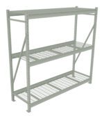 A metal shelving unit with three levels of wire grid shelves, supported by a sturdy frame with crossbars for stability. The design is industrial, suitable for storage or organization in a garage or warehouse setting.