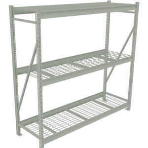 A metal shelving unit with three levels of wire grid shelves, supported by a sturdy frame with crossbars for stability. The design is industrial, suitable for storage or organization in a garage or warehouse setting.