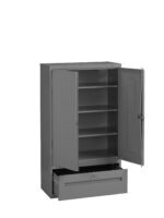 Gray metal storage cabinet with two doors open, revealing four shelves. A wide drawer at the bottom is slightly open. The cabinet stands on a flat surface, displaying a simple, industrial design.