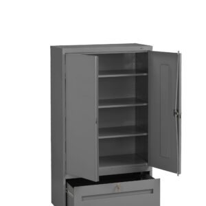 Gray metal storage cabinet with two doors open, revealing four shelves. A wide drawer at the bottom is slightly open. The cabinet stands on a flat surface, displaying a simple, industrial design.