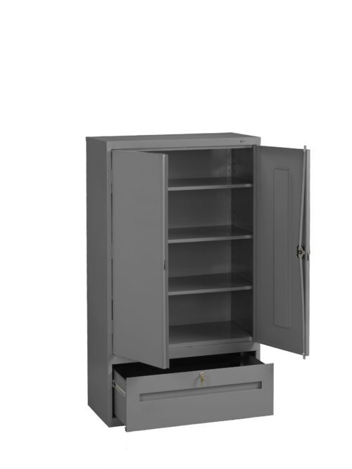 vnbb9gqvhwkwdbqhdnuw.jpg Gray metal storage cabinet with two doors open, revealing four shelves. A wide drawer at the bottom is slightly open. The cabinet stands on a flat surface, displaying a simple, industrial design.