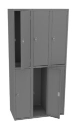A set of six gray metal lockers with doors ajar. The lockers are arranged in two rows of three. Each locker has a small handle and lock. Some lockers appear to be empty, revealing their open interiors.