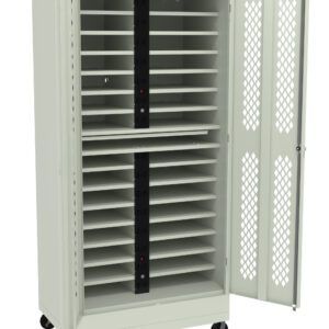 A tall, white metal cabinet on wheels with perforated doors stands open. Inside, multiple horizontal shelves are visible, designed to hold laptops or similar devices. Two vertical power strips are mounted in the middle of the cabinet.