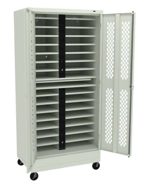A tall, white metal cabinet on wheels with perforated doors stands open. Inside, multiple horizontal shelves are visible, designed to hold laptops or similar devices. Two vertical power strips are mounted in the middle of the cabinet.