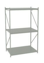 Gray metal shelving unit with three adjustable slatted shelves. It has a simple, industrial design and supportive cross-bracing for added stability. Ideal for garage or warehouse storage.
