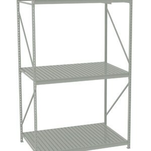 Gray metal shelving unit with three adjustable slatted shelves. It has a simple, industrial design and supportive cross-bracing for added stability. Ideal for garage or warehouse storage.