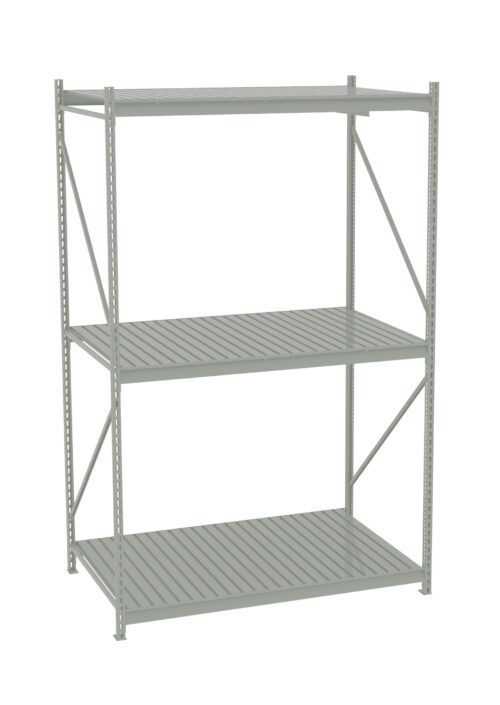 Gray metal shelving unit with three adjustable slatted shelves. It has a simple, industrial design and supportive cross-bracing for added stability. Ideal for garage or warehouse storage.
