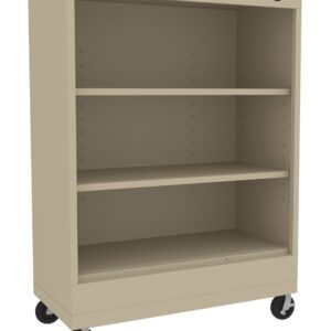 A beige metal shelving unit with three shelves and caster wheels. Its empty and set against a white background.