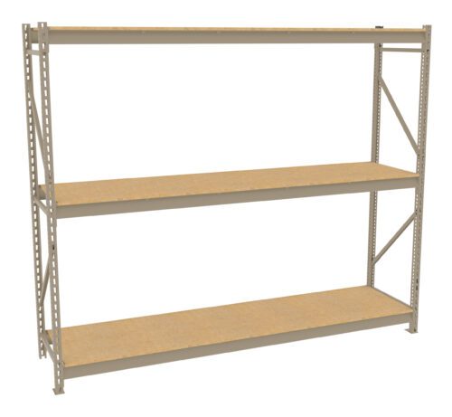 vnrzp0jpibcxztmsriug.jpg A metal storage rack with three wooden shelves. The frame is light gray, and the design features vertical support beams with holes for adjustable shelf heights. The rack is empty, positioned against a white background.
