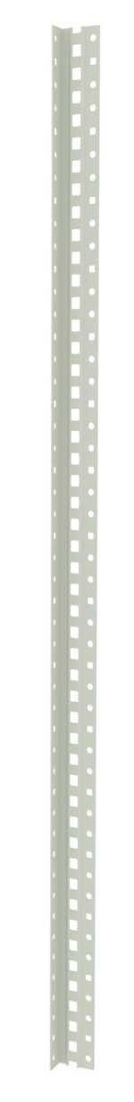 A vertical, light gray metal angle bracket with evenly spaced rectangular holes along its length.