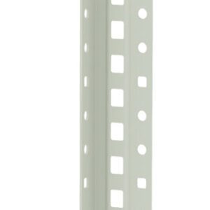 A vertical, light gray metal angle bracket with evenly spaced rectangular holes along its length.