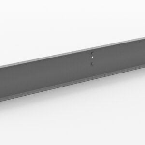 A long, rectangular metal bracket with small holes at each end and two holes in the middle, positioned on a plain white background.