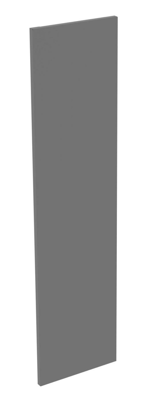 A tall, rectangular, solid gray panel with a smooth surface is standing upright against a white background. The panels edges and corners are sharp and well-defined.