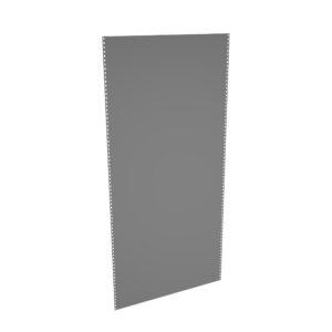 A tall, rectangular sheet of gray metal, possibly stainless steel, with a series of round holes along both vertical edges. The surface appears smooth and reflective.