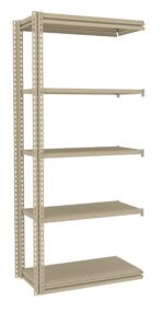 Metal shelving unit with five beige adjustable shelves and a sturdy frame. Ideal for storage or organizing spaces like garages, warehouses, or offices. The open design allows for easy access and visibility of items placed on the shelves.
