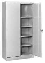 A tall, open metal storage cabinet with a gray finish, featuring five adjustable shelves and a door on the right side, equipped with a handle and lock mechanism. The interior is empty, highlighting the spacious shelving.