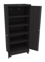 A tall black metal storage cabinet with one door open, revealing five empty shelves. The cabinet is on wheels for mobility and has a handle on the open door.
