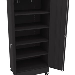 A tall black metal storage cabinet with one door open, revealing five empty shelves. The cabinet is on wheels for mobility and has a handle on the open door.