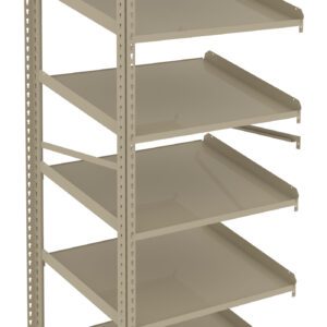 A beige metal shelving unit with six slanted shelves, designed for storing items at an angle. The unit has a simple, freestanding design with vertical supports and adjustable shelf heights.