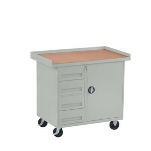 A light gray rolling tool cart with a wooden work surface, featuring four small drawers on the left and a single-door cabinet with a lock on the right. It has four black wheels for mobility.