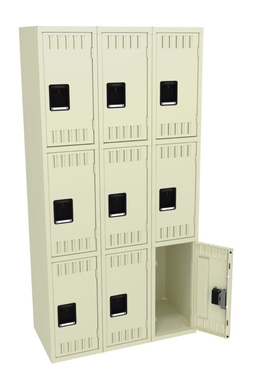 A beige metal locker unit with nine compartments arranged in a 3x3 grid. Each locker has a black handle. The bottom right locker door is open, revealing an empty interior.