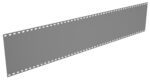 A long strip of blank gray film perforated with holes along both edges, positioned diagonally against a white background.