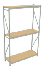 A three-tier metal shelving unit with wooden shelves. The frame is light gray with supports on each side. The shelves are evenly spaced, and the unit is set against a plain white background.