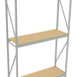 A three-tier metal shelving unit with wooden shelves. The frame is light gray with supports on each side. The shelves are evenly spaced, and the unit is set against a plain white background.