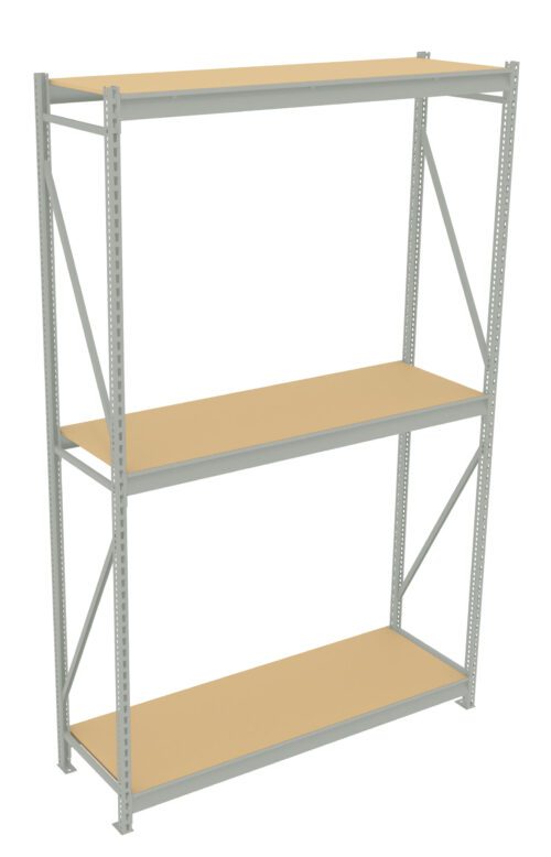 A three-tier metal shelving unit with wooden shelves. The frame is light gray with supports on each side. The shelves are evenly spaced, and the unit is set against a plain white background.