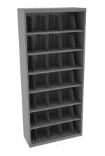 Gray metal shelving unit with multiple rows and individual compartments. Each row contains five compartments, organized to provide storage space. The shelves appear to be designed for holding small to medium-sized items.