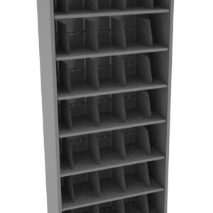 Gray metal shelving unit with multiple rows and individual compartments. Each row contains five compartments, organized to provide storage space. The shelves appear to be designed for holding small to medium-sized items.