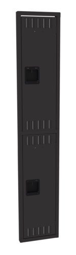 A tall, black, two-compartment locker with a sleek design. Each door has a rectangular recessed handle and vent slots. The locker is shown against a plain white background.
