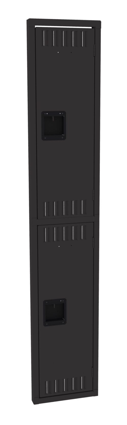 vqq9ttjdixtgrszfuziv.jpg A tall, black, two-compartment locker with a sleek design. Each door has a rectangular recessed handle and vent slots. The locker is shown against a plain white background.