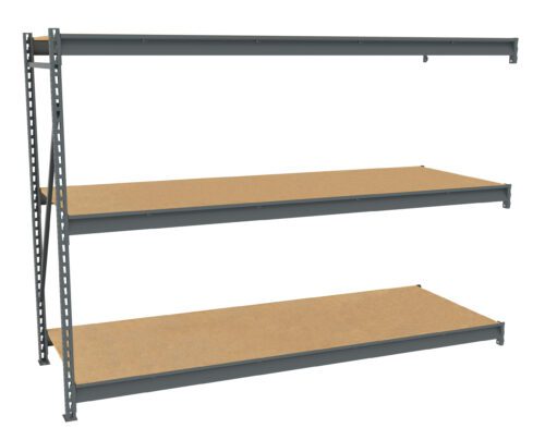 vr0nn8qbasdbtl7audvm.jpg A metal shelving unit with three tiers of wide, flat wooden shelves. The frame is made of dark gray metal with holes for adjustable shelving. The design is simple, industrial, and functional, suitable for storage or organization.