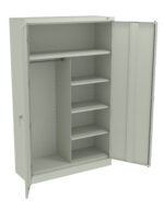 A light gray metal cabinet with open doors. The interior features a clothing rod on the left and four adjustable shelves on the right. The cabinet has a plain design with a flat top and a handle on each door.