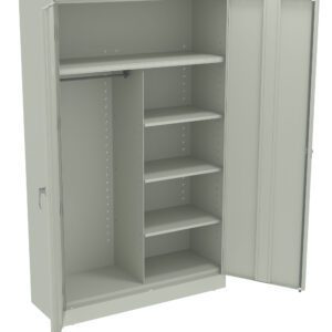 A light gray metal cabinet with open doors. The interior features a clothing rod on the left and four adjustable shelves on the right. The cabinet has a plain design with a flat top and a handle on each door.