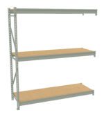 Metal shelving unit with three tan shelves and a gray frame, designed for storage. The shelves are empty and evenly spaced, with vertical supports on the sides. The unit is isolated on a white background.