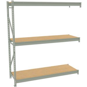 Metal shelving unit with three tan shelves and a gray frame, designed for storage. The shelves are empty and evenly spaced, with vertical supports on the sides. The unit is isolated on a white background.