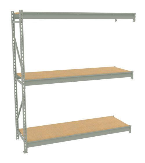 Metal shelving unit with three tan shelves and a gray frame, designed for storage. The shelves are empty and evenly spaced, with vertical supports on the sides. The unit is isolated on a white background.
