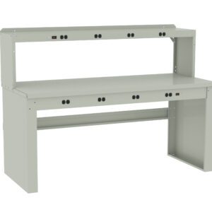 A gray workbench with a main tabletop and a smaller elevated shelf. The bench features multiple electric outlets along the edges of both levels, and has a sturdy, minimalist design.