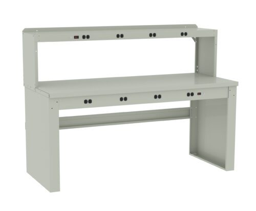 vrglocr5viihg02tbgk0.jpg A gray workbench with a main tabletop and a smaller elevated shelf. The bench features multiple electric outlets along the edges of both levels, and has a sturdy, minimalist design.