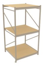A metal shelving unit with three levels, featuring a beige frame and matching shelves, standing on a white background.