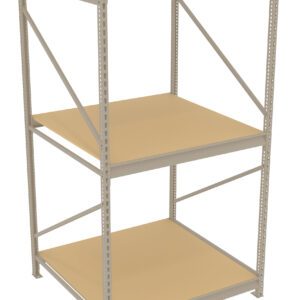 A metal shelving unit with three levels, featuring a beige frame and matching shelves, standing on a white background.