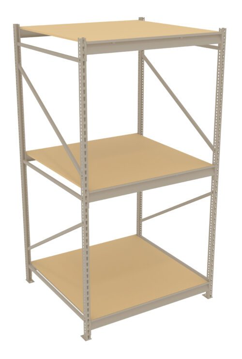 A metal shelving unit with three levels, featuring a beige frame and matching shelves, standing on a white background.